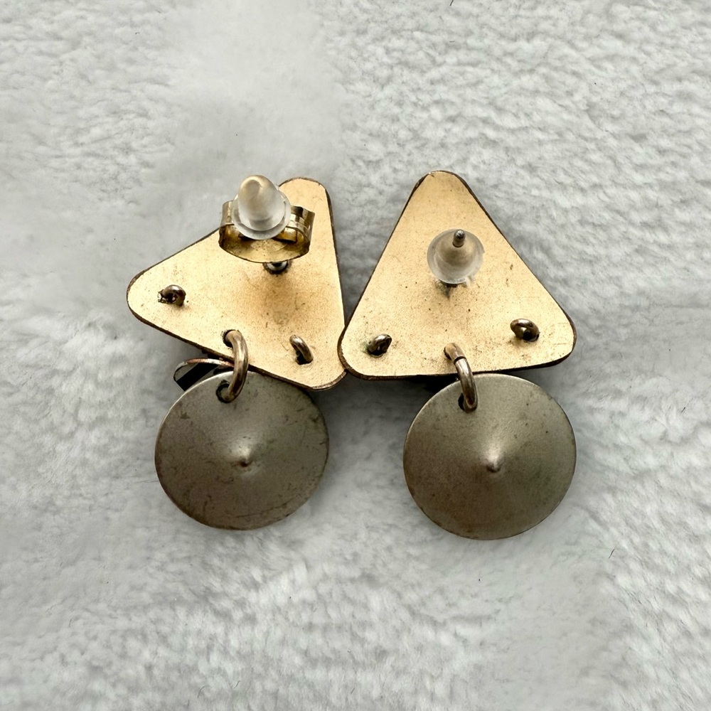 Vintage Geometric Modernist Earrings Mixed Metal Triangle & Circle Dangle - Picture 2 of 3
